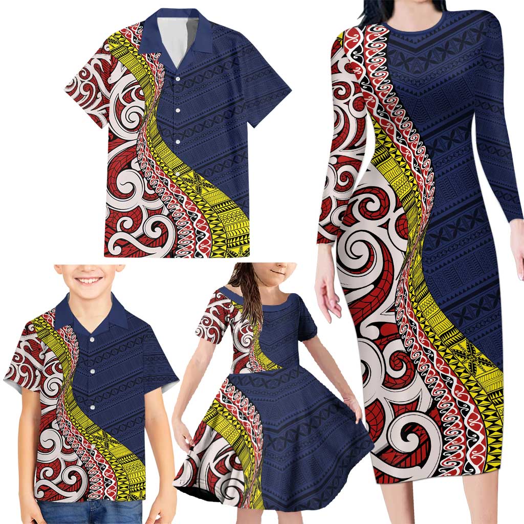 Aotearoa and Niue Family Matching Long Sleeve Bodycon Dress and Hawaiian Shirt Hiapo Maori Stylized Koru LT03 - Polynesian Pride