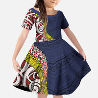 Aotearoa and Niue Family Matching Mermaid Dress and Hawaiian Shirt Hiapo Maori Stylized Koru LT03 Daughter's Dress Blue - Polynesian Pride