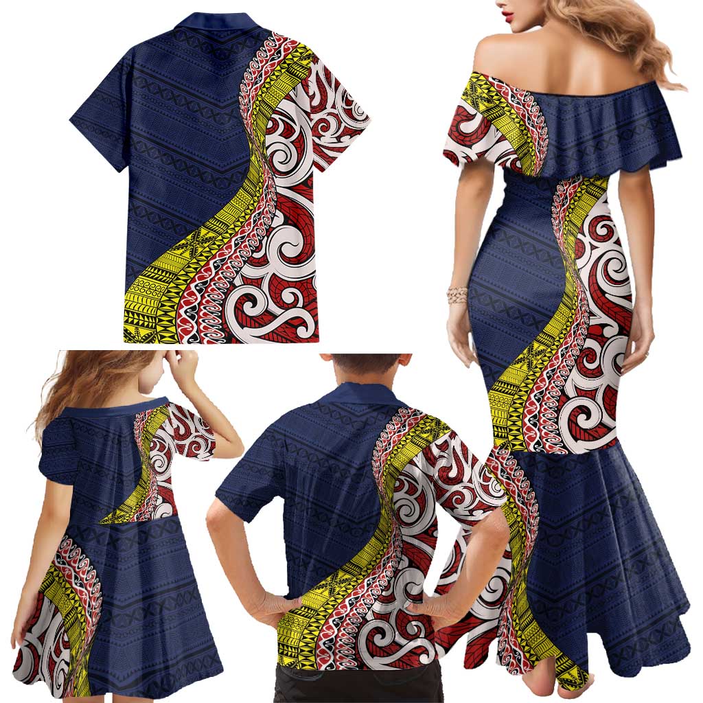 Aotearoa and Niue Family Matching Mermaid Dress and Hawaiian Shirt Hiapo Maori Stylized Koru LT03 - Polynesian Pride