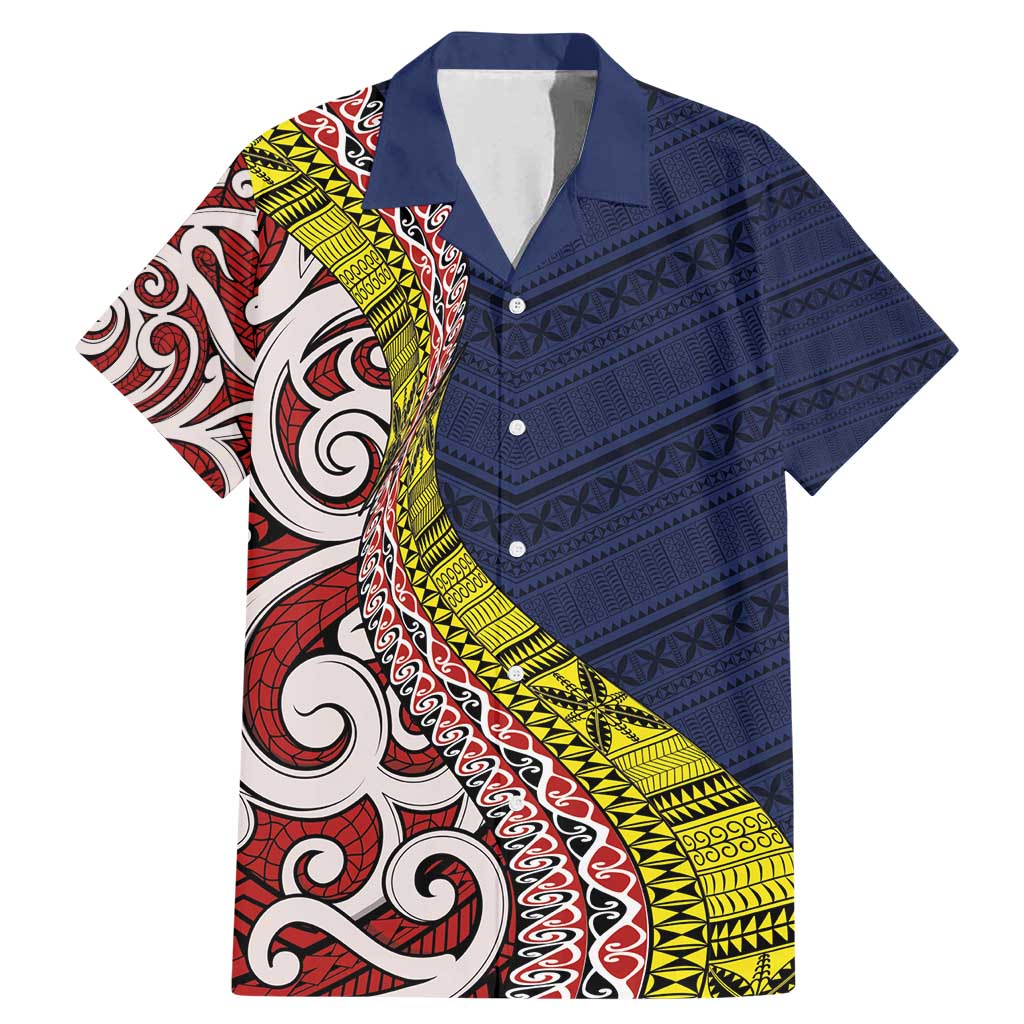 Aotearoa and Niue Family Matching Mermaid Dress and Hawaiian Shirt Hiapo Maori Stylized Koru LT03 Dad's Shirt - Short Sleeve Blue - Polynesian Pride