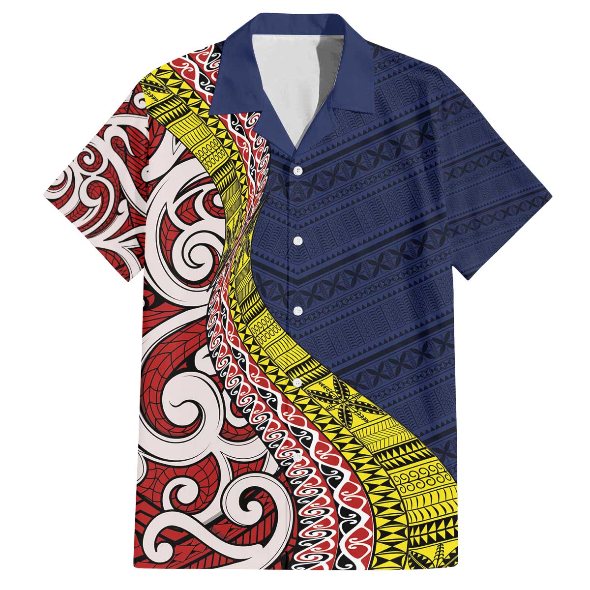 Aotearoa and Niue Family Matching Off The Shoulder Long Sleeve Dress and Hawaiian Shirt Hiapo Maori Stylized Koru LT03 Dad's Shirt - Short Sleeve Blue - Polynesian Pride