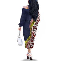 Aotearoa and Niue Family Matching Off The Shoulder Long Sleeve Dress and Hawaiian Shirt Hiapo Maori Stylized Koru LT03 - Polynesian Pride