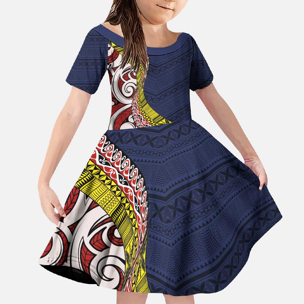 Aotearoa and Niue Family Matching Off Shoulder Maxi Dress and Hawaiian Shirt Hiapo Maori Stylized Koru LT03 Daughter's Dress Blue - Polynesian Pride