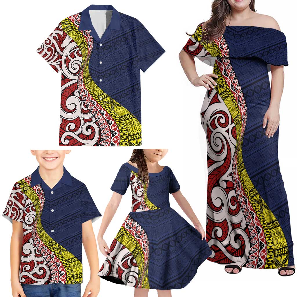 Aotearoa and Niue Family Matching Off Shoulder Maxi Dress and Hawaiian Shirt Hiapo Maori Stylized Koru LT03 - Polynesian Pride