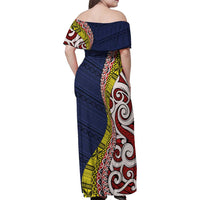Aotearoa and Niue Family Matching Off Shoulder Maxi Dress and Hawaiian Shirt Hiapo Maori Stylized Koru LT03 - Polynesian Pride