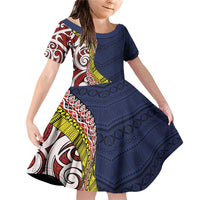 Aotearoa and Niue Family Matching Off Shoulder Short Dress and Hawaiian Shirt Hiapo Maori Stylized Koru LT03 Daughter's Dress Blue - Polynesian Pride