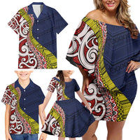 Aotearoa and Niue Family Matching Off Shoulder Short Dress and Hawaiian Shirt Hiapo Maori Stylized Koru LT03 - Polynesian Pride