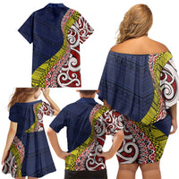 Aotearoa and Niue Family Matching Off Shoulder Short Dress and Hawaiian Shirt Hiapo Maori Stylized Koru LT03 - Polynesian Pride