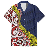 Aotearoa and Niue Family Matching Off Shoulder Short Dress and Hawaiian Shirt Hiapo Maori Stylized Koru LT03 Dad's Shirt - Short Sleeve Blue - Polynesian Pride