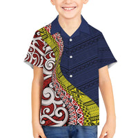 Aotearoa and Niue Family Matching Off Shoulder Short Dress and Hawaiian Shirt Hiapo Maori Stylized Koru LT03 Son's Shirt Blue - Polynesian Pride