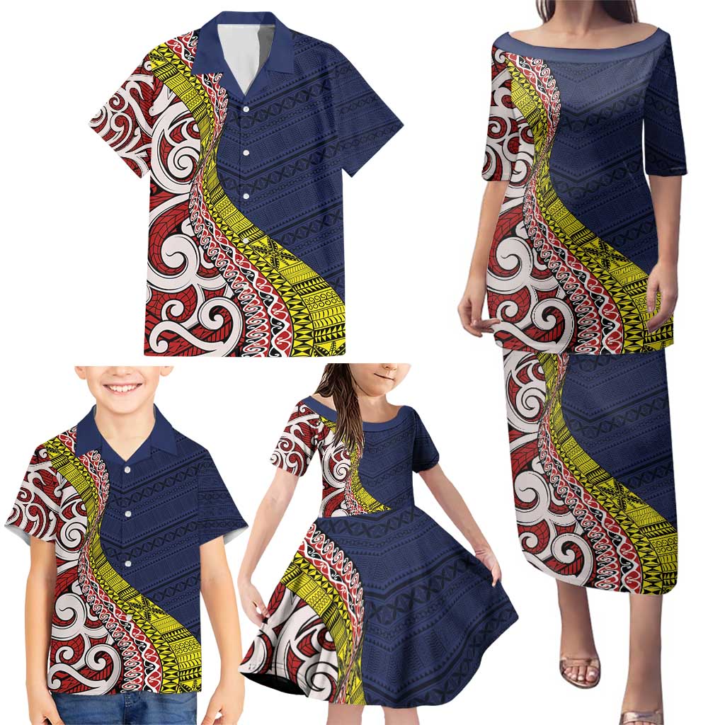 Aotearoa and Niue Family Matching Puletasi and Hawaiian Shirt Hiapo Maori Stylized Koru LT03 - Polynesian Pride