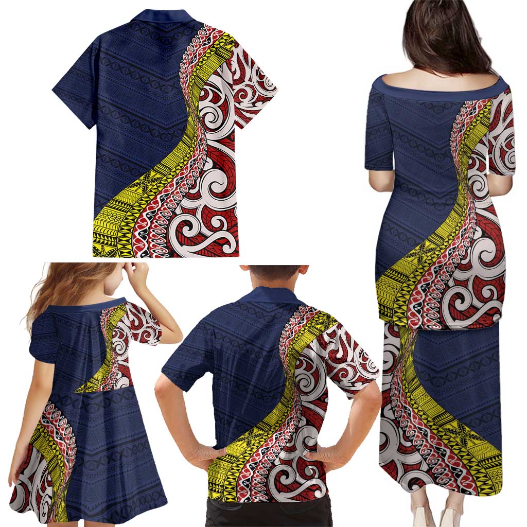Aotearoa and Niue Family Matching Puletasi and Hawaiian Shirt Hiapo Maori Stylized Koru LT03 - Polynesian Pride