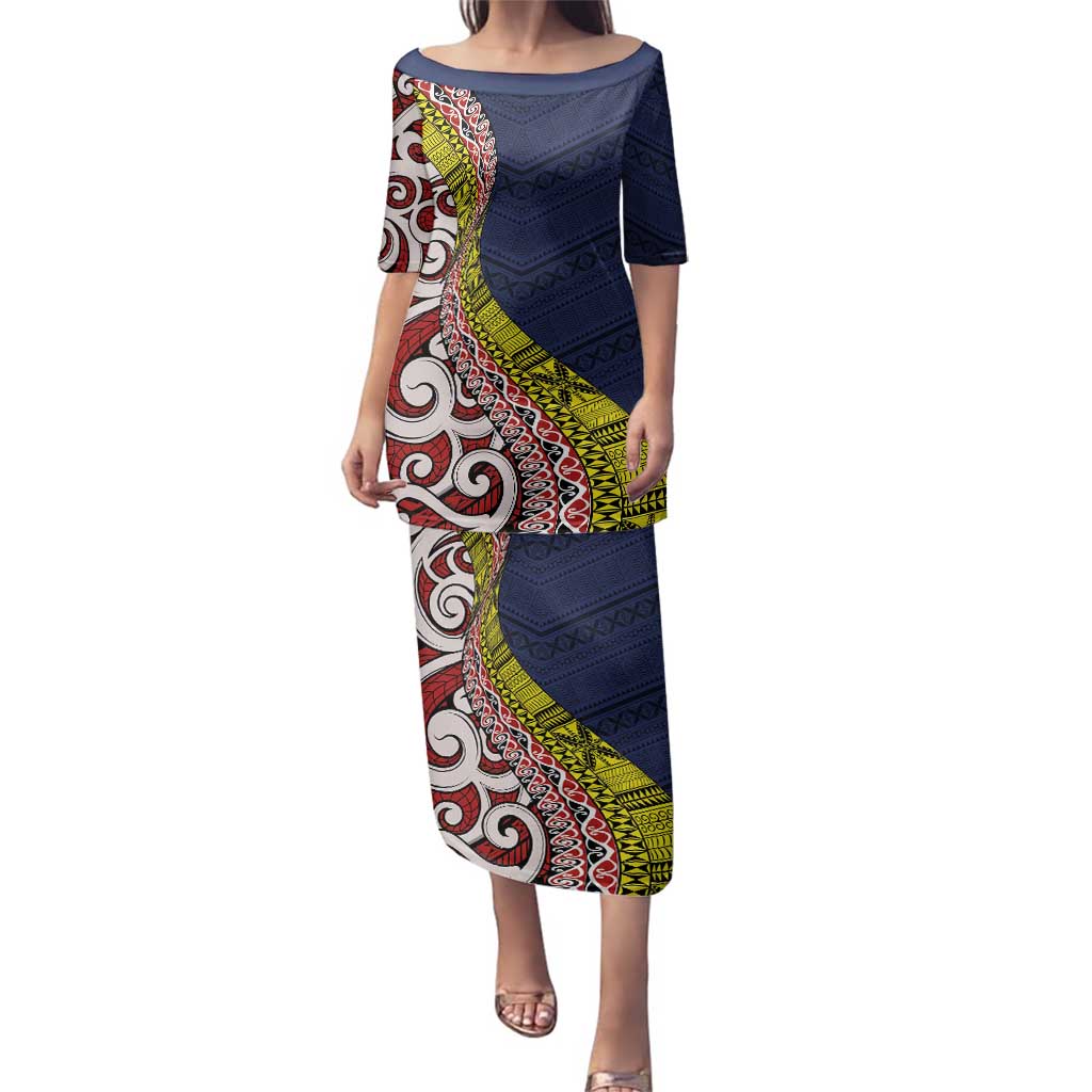 Aotearoa and Niue Family Matching Puletasi and Hawaiian Shirt Hiapo Maori Stylized Koru LT03 Mom's Dress Blue - Polynesian Pride