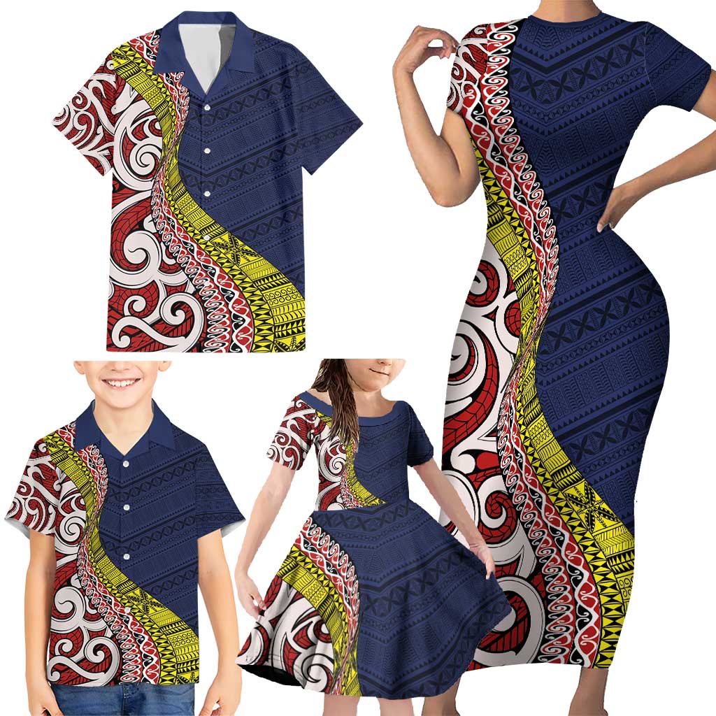 Aotearoa and Niue Family Matching Short Sleeve Bodycon Dress and Hawaiian Shirt Hiapo Maori Stylized Koru LT03 - Polynesian Pride