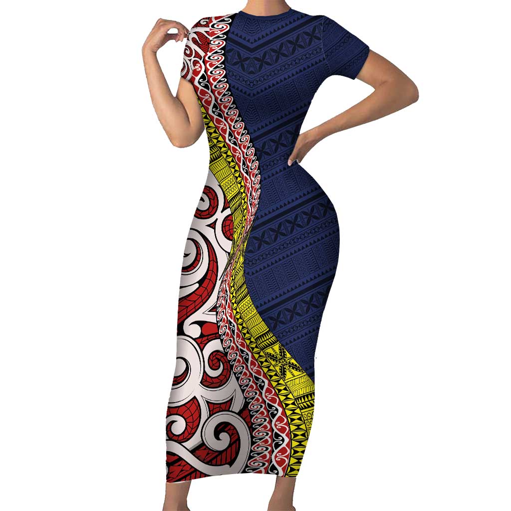 Aotearoa and Niue Family Matching Short Sleeve Bodycon Dress and Hawaiian Shirt Hiapo Maori Stylized Koru LT03 Mom's Dress Blue - Polynesian Pride