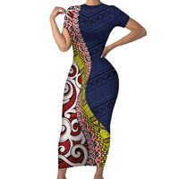 Aotearoa and Niue Family Matching Short Sleeve Bodycon Dress and Hawaiian Shirt Hiapo Maori Stylized Koru LT03 Mom's Dress Blue - Polynesian Pride