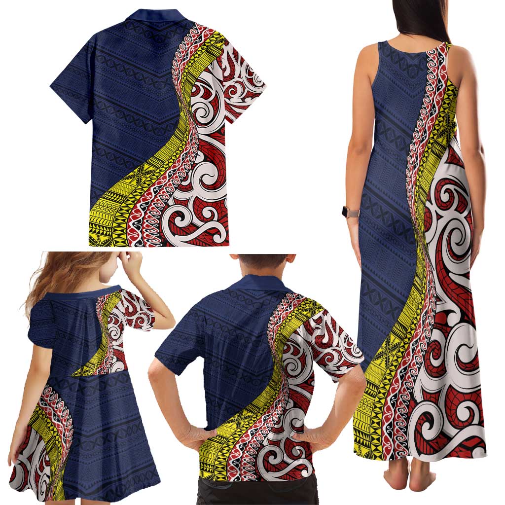 Aotearoa and Niue Family Matching Tank Maxi Dress and Hawaiian Shirt Hiapo Maori Stylized Koru LT03 - Polynesian Pride