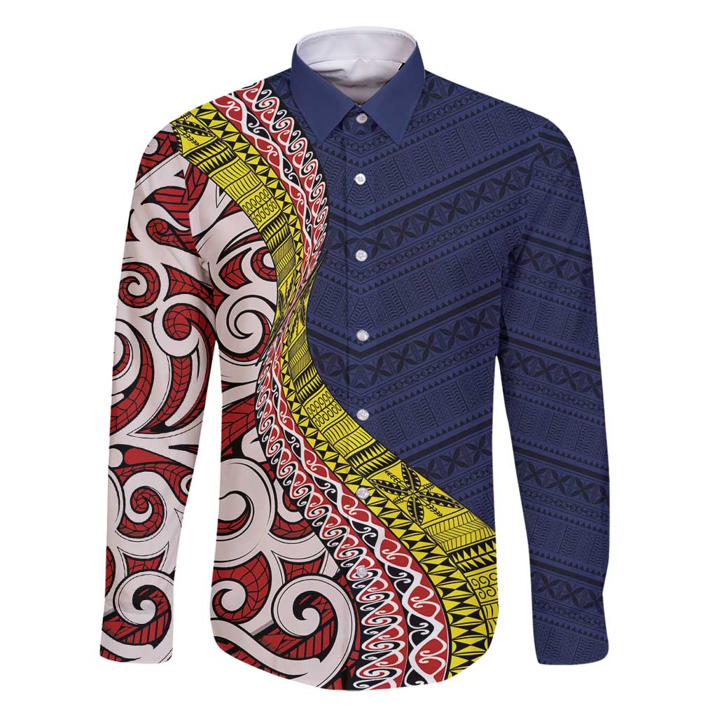 Aotearoa and Niue Family Matching Tank Maxi Dress and Hawaiian Shirt Hiapo Maori Stylized Koru LT03 Dad's Shirt - Long Sleeve Blue - Polynesian Pride