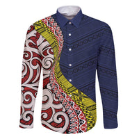 Aotearoa and Niue Family Matching Tank Maxi Dress and Hawaiian Shirt Hiapo Maori Stylized Koru LT03 Dad's Shirt - Long Sleeve Blue - Polynesian Pride