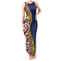Aotearoa and Niue Family Matching Tank Maxi Dress and Hawaiian Shirt Hiapo Maori Stylized Koru LT03 Mom's Dress Blue - Polynesian Pride