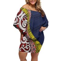 Aotearoa and Niue Off Shoulder Short Dress Hiapo Maori Stylized Koru LT03 Women Blue - Polynesian Pride