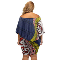 Aotearoa and Niue Off Shoulder Short Dress Hiapo Maori Stylized Koru LT03 - Polynesian Pride