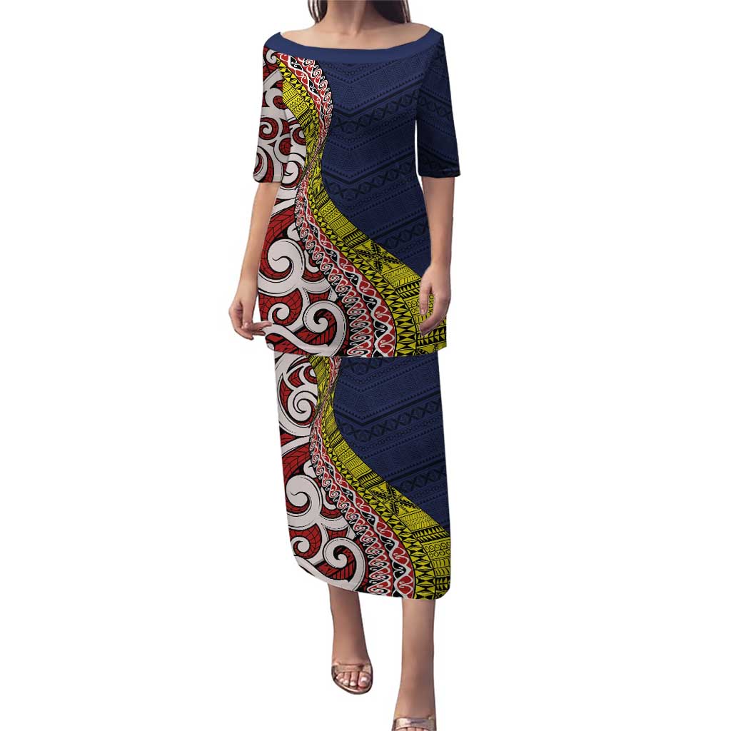 Aotearoa and Niue Puletasi Hiapo Maori Stylized Koru LT03 Long Dress Blue - Polynesian Pride