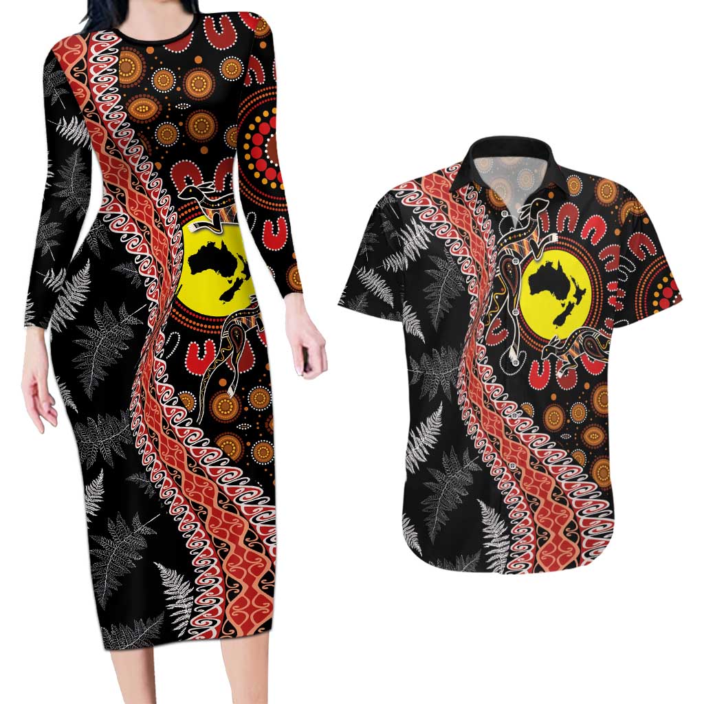Aotearoa and Australia Couples Matching Long Sleeve Bodycon Dress and Hawaiian Shirt Maori Koru Ferns With Aboriginal Kangaroo LT03 Black - Polynesian Pride
