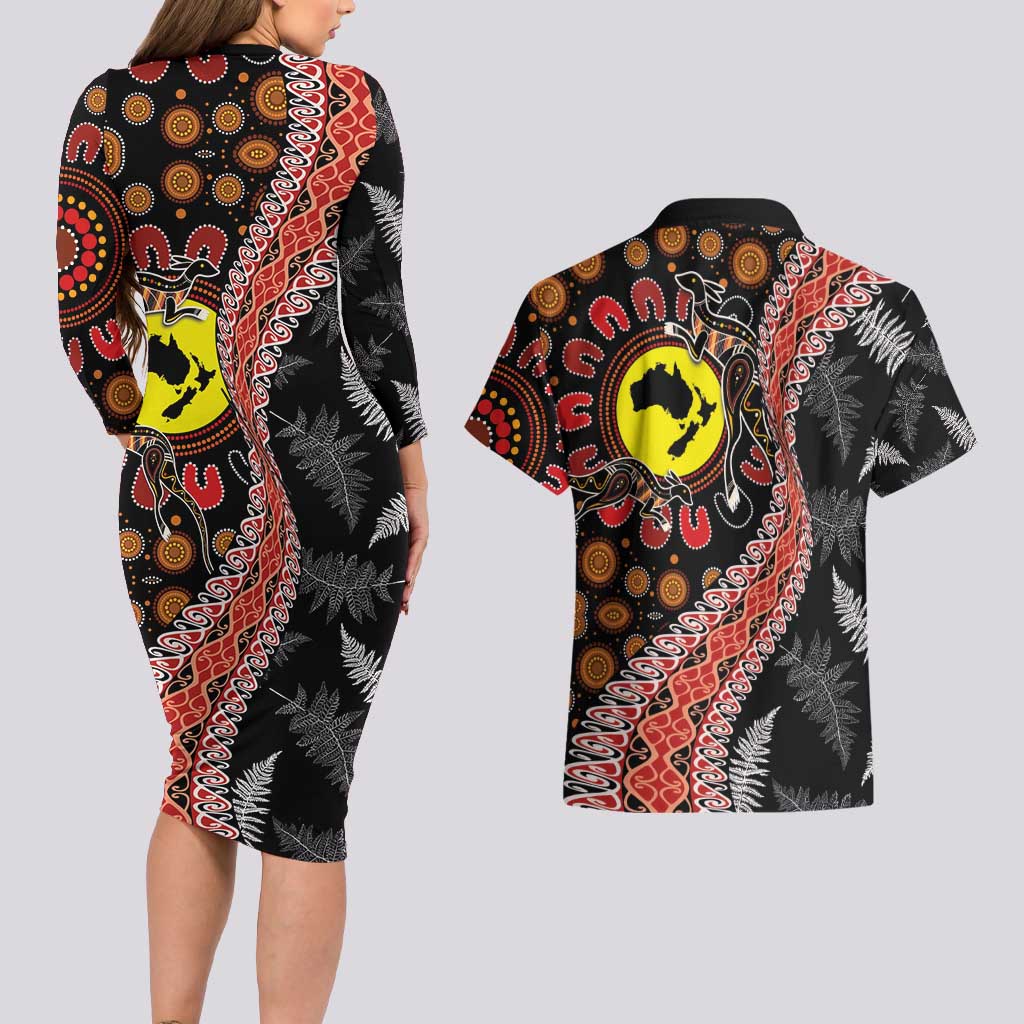 Aotearoa and Australia Couples Matching Long Sleeve Bodycon Dress and Hawaiian Shirt Maori Koru Ferns With Aboriginal Kangaroo LT03 - Polynesian Pride