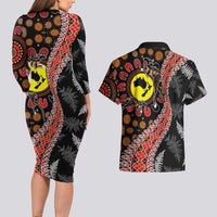 Aotearoa and Australia Couples Matching Long Sleeve Bodycon Dress and Hawaiian Shirt Maori Koru Ferns With Aboriginal Kangaroo LT03 - Polynesian Pride