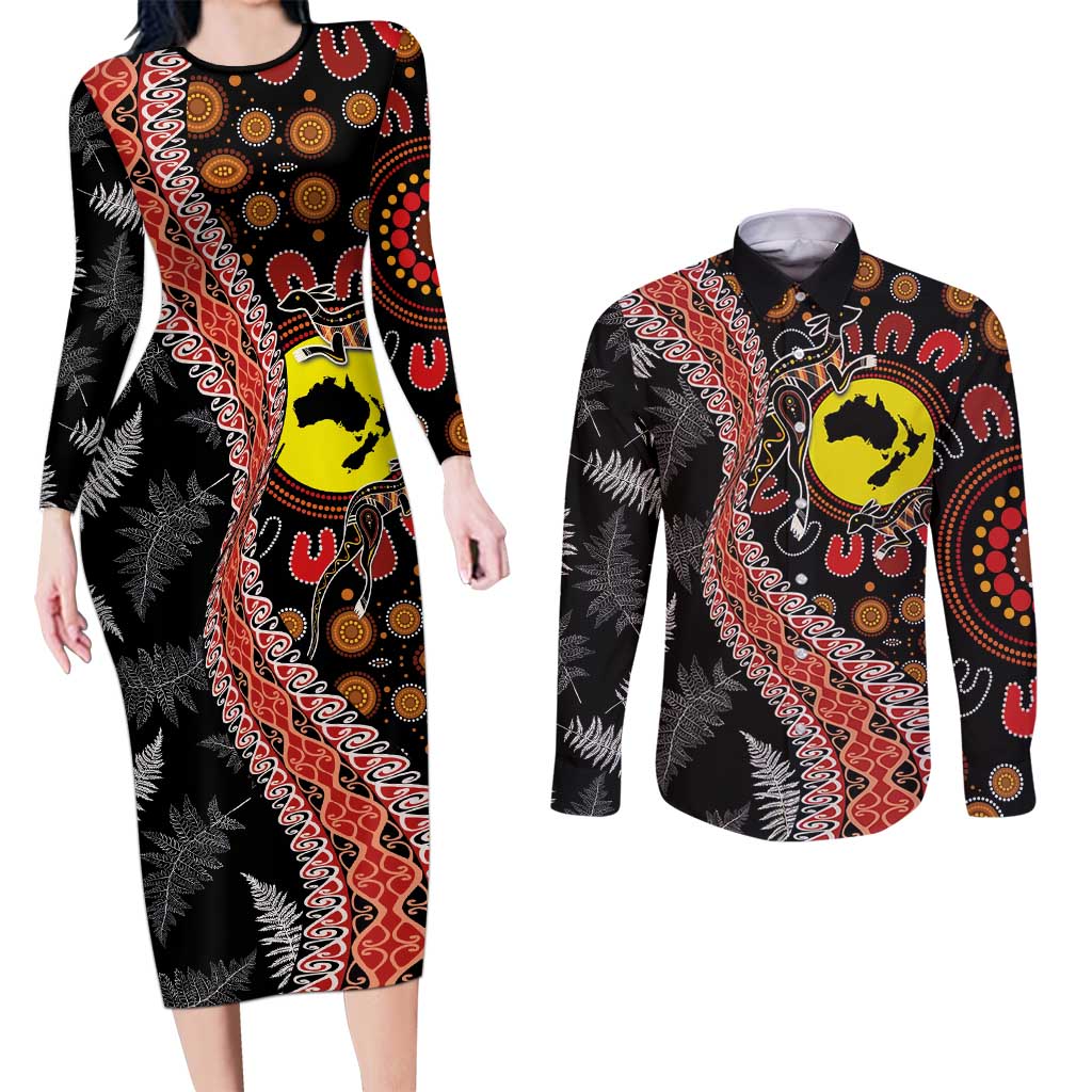 Aotearoa and Australia Couples Matching Long Sleeve Bodycon Dress and Long Sleeve Button Shirt Maori Koru Ferns With Aboriginal Kangaroo LT03 Black - Polynesian Pride