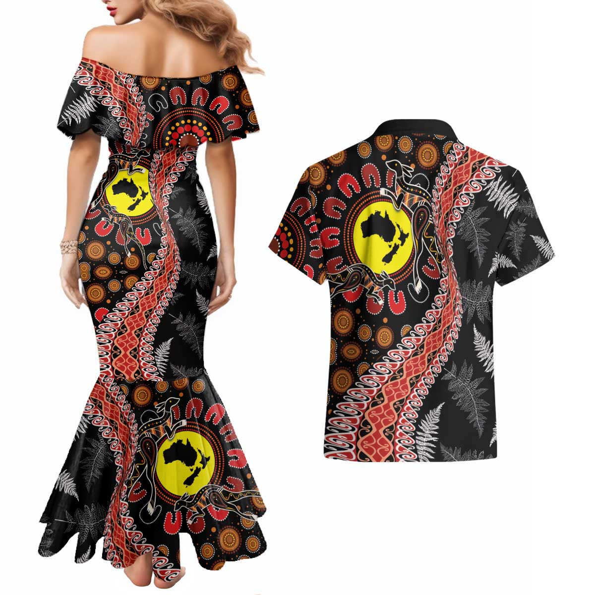 Aotearoa and Australia Couples Matching Mermaid Dress and Hawaiian Shirt Maori Koru Ferns With Aboriginal Kangaroo LT03 - Polynesian Pride