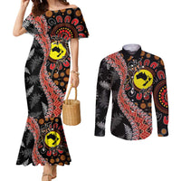 Aotearoa and Australia Couples Matching Mermaid Dress and Long Sleeve Button Shirt Maori Koru Ferns With Aboriginal Kangaroo LT03 Black - Polynesian Pride