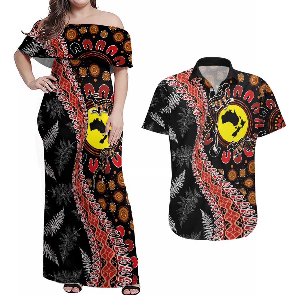 Aotearoa and Australia Couples Matching Off Shoulder Maxi Dress and Hawaiian Shirt Maori Koru Ferns With Aboriginal Kangaroo LT03 Black - Polynesian Pride