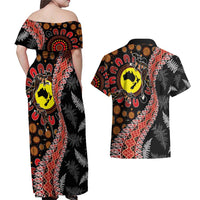 Aotearoa and Australia Couples Matching Off Shoulder Maxi Dress and Hawaiian Shirt Maori Koru Ferns With Aboriginal Kangaroo LT03 - Polynesian Pride