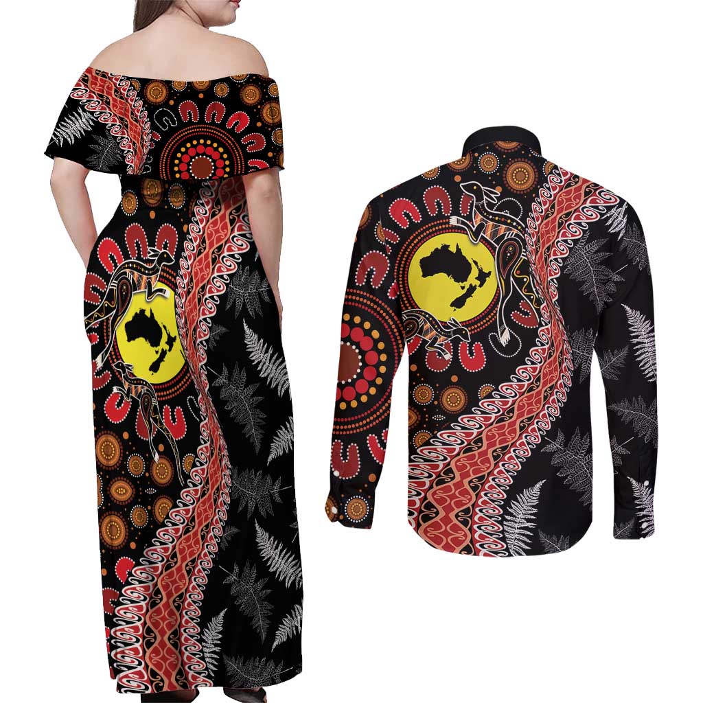 Aotearoa and Australia Couples Matching Off Shoulder Maxi Dress and Long Sleeve Button Shirt Maori Koru Ferns With Aboriginal Kangaroo LT03 - Polynesian Pride