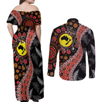 Aotearoa and Australia Couples Matching Off Shoulder Maxi Dress and Long Sleeve Button Shirt Maori Koru Ferns With Aboriginal Kangaroo LT03 - Polynesian Pride