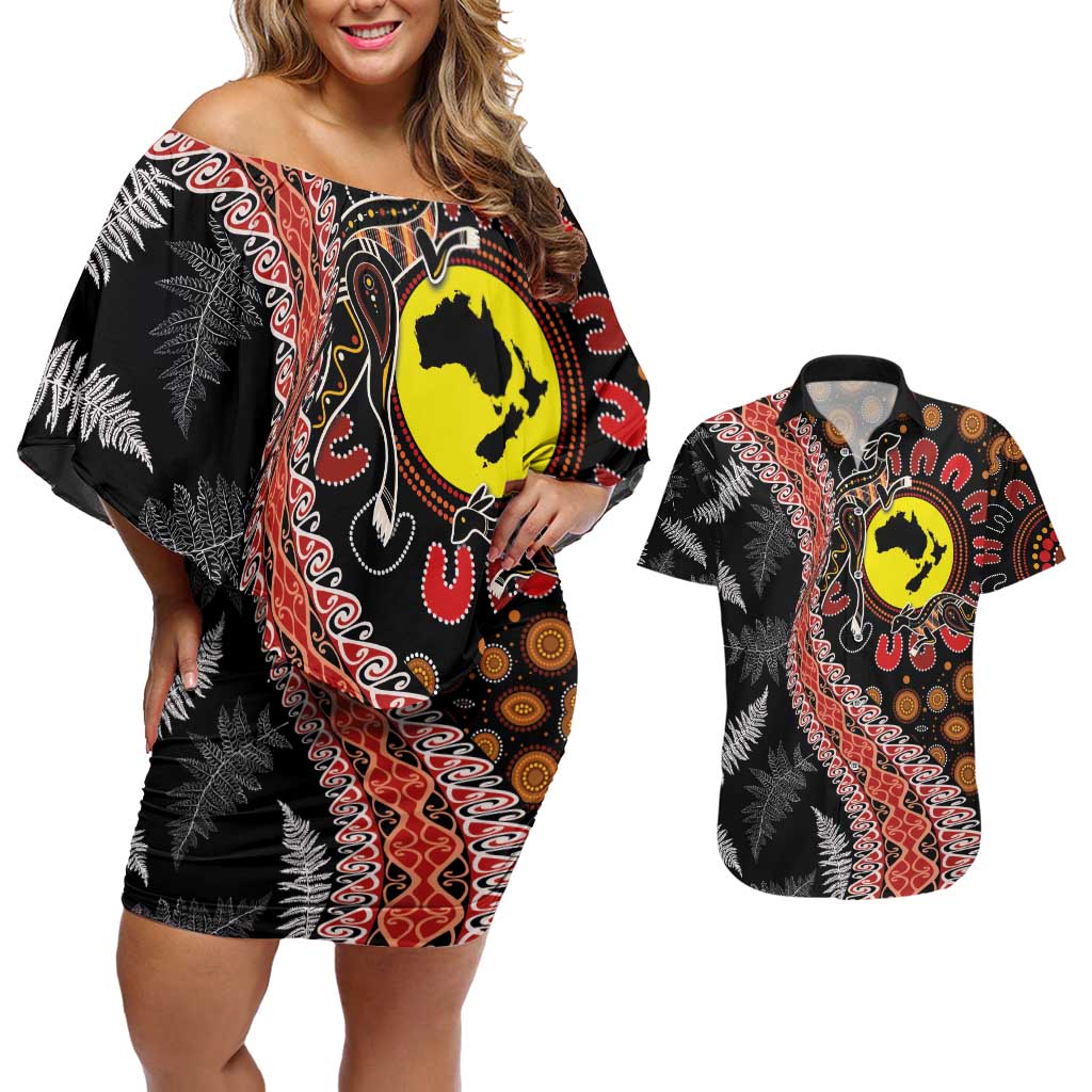 Aotearoa and Australia Couples Matching Off Shoulder Short Dress and Hawaiian Shirt Maori Koru Ferns With Aboriginal Kangaroo LT03 Black - Polynesian Pride