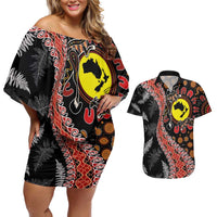 Aotearoa and Australia Couples Matching Off Shoulder Short Dress and Hawaiian Shirt Maori Koru Ferns With Aboriginal Kangaroo LT03 Black - Polynesian Pride