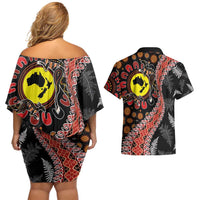 Aotearoa and Australia Couples Matching Off Shoulder Short Dress and Hawaiian Shirt Maori Koru Ferns With Aboriginal Kangaroo LT03 - Polynesian Pride