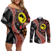 Aotearoa and Australia Couples Matching Off Shoulder Short Dress and Long Sleeve Button Shirt Maori Koru Ferns With Aboriginal Kangaroo LT03 Black - Polynesian Pride