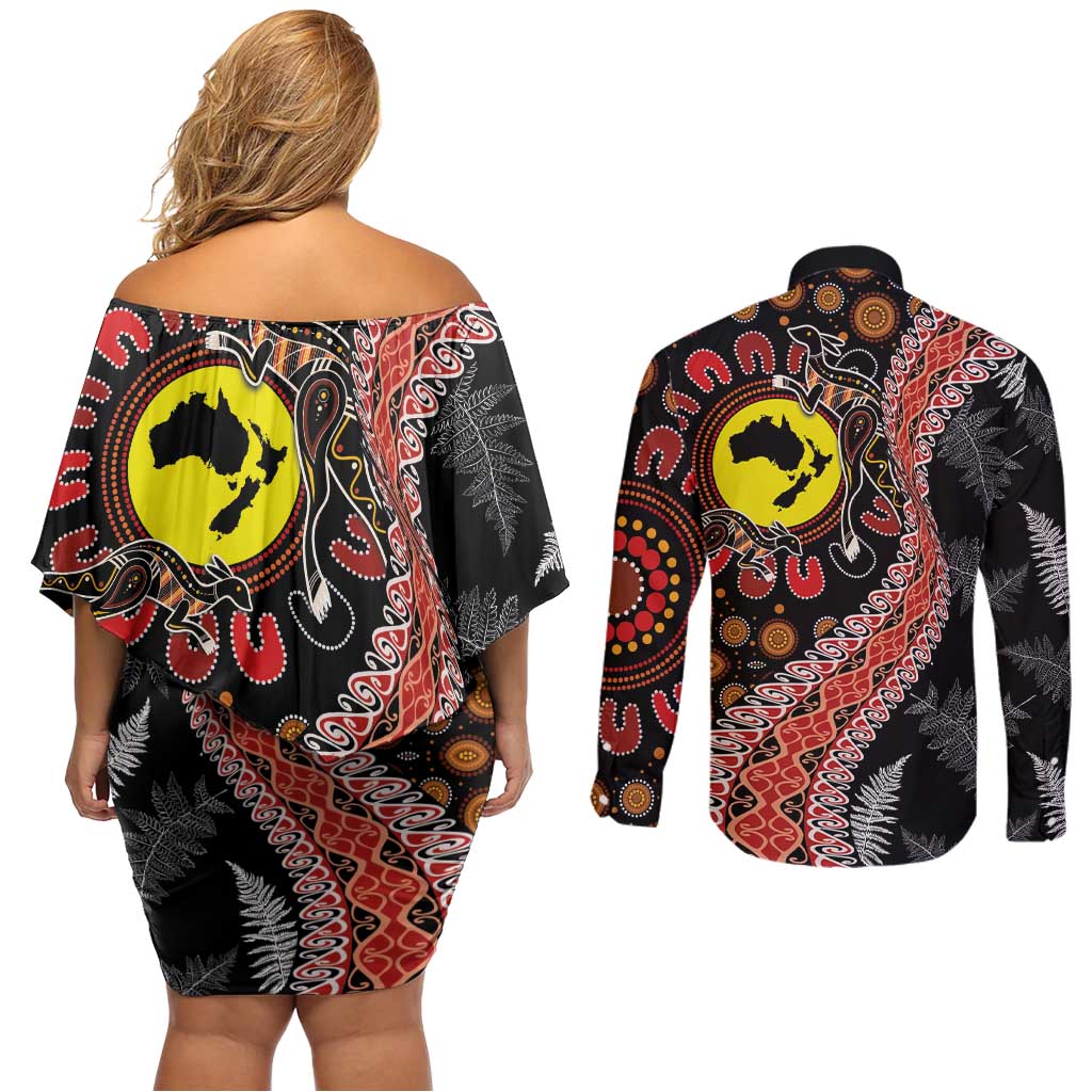 Aotearoa and Australia Couples Matching Off Shoulder Short Dress and Long Sleeve Button Shirt Maori Koru Ferns With Aboriginal Kangaroo LT03 - Polynesian Pride
