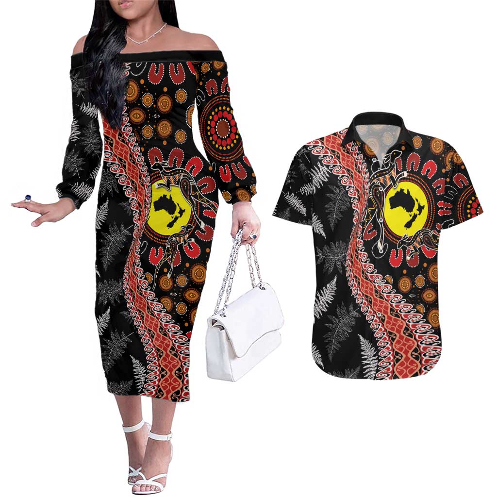 Aotearoa and Australia Couples Matching Off The Shoulder Long Sleeve Dress and Hawaiian Shirt Maori Koru Ferns With Aboriginal Kangaroo LT03 Black - Polynesian Pride