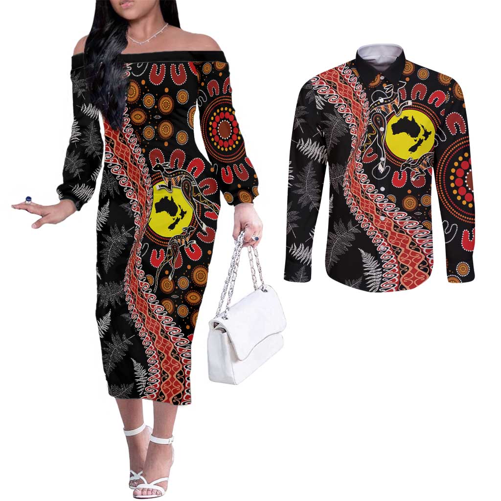 Aotearoa and Australia Couples Matching Off The Shoulder Long Sleeve Dress and Long Sleeve Button Shirt Maori Koru Ferns With Aboriginal Kangaroo LT03 Black - Polynesian Pride