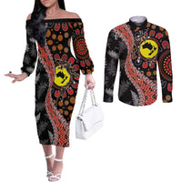 Aotearoa and Australia Couples Matching Off The Shoulder Long Sleeve Dress and Long Sleeve Button Shirt Maori Koru Ferns With Aboriginal Kangaroo LT03 Black - Polynesian Pride