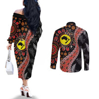 Aotearoa and Australia Couples Matching Off The Shoulder Long Sleeve Dress and Long Sleeve Button Shirt Maori Koru Ferns With Aboriginal Kangaroo LT03 - Polynesian Pride