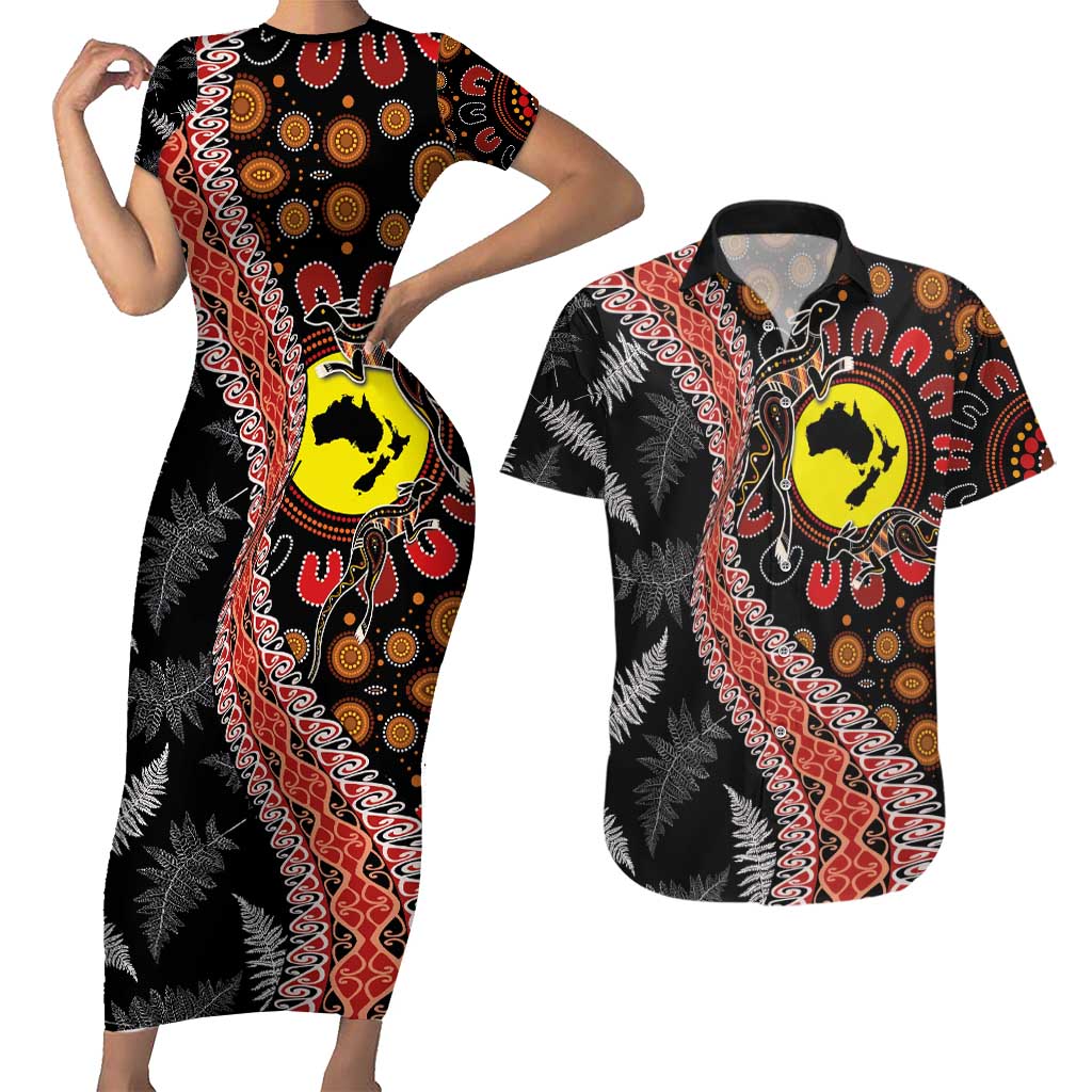 Aotearoa and Australia Couples Matching Short Sleeve Bodycon Dress and Hawaiian Shirt Maori Koru Ferns With Aboriginal Kangaroo LT03 Black - Polynesian Pride