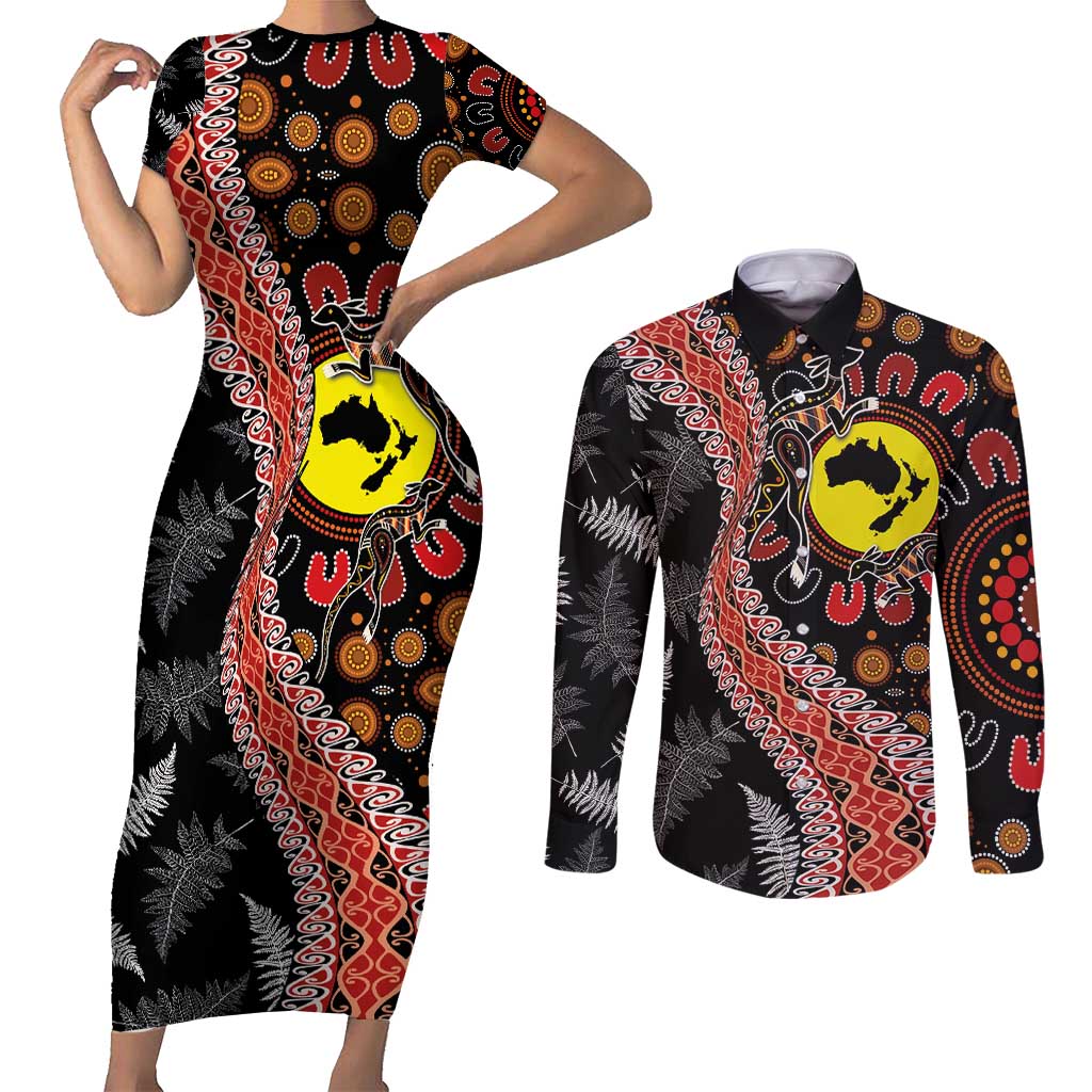 Aotearoa and Australia Couples Matching Short Sleeve Bodycon Dress and Long Sleeve Button Shirt Maori Koru Ferns With Aboriginal Kangaroo LT03 Black - Polynesian Pride