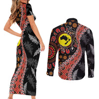 Aotearoa and Australia Couples Matching Short Sleeve Bodycon Dress and Long Sleeve Button Shirt Maori Koru Ferns With Aboriginal Kangaroo LT03 - Polynesian Pride