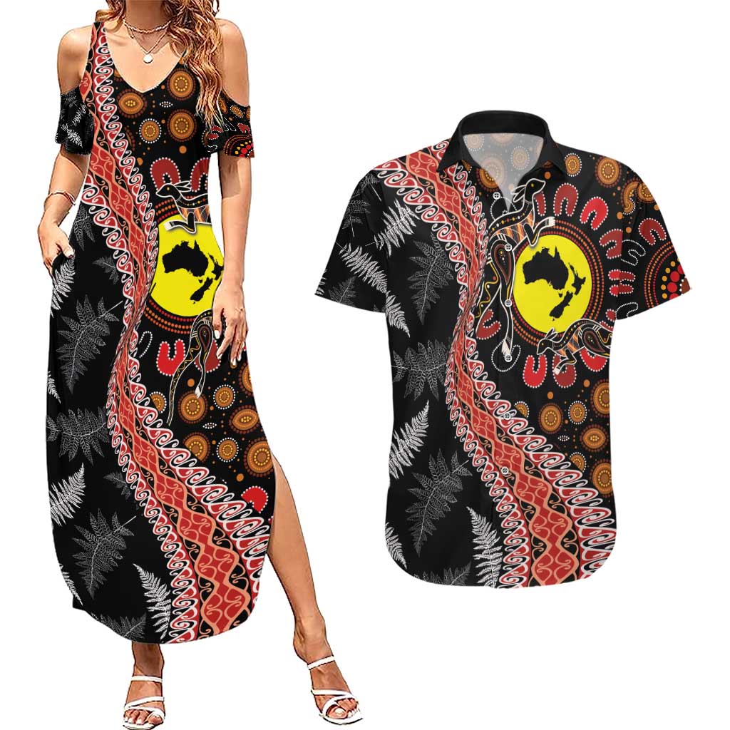 Aotearoa and Australia Couples Matching Summer Maxi Dress and Hawaiian Shirt Maori Koru Ferns With Aboriginal Kangaroo LT03 Black - Polynesian Pride